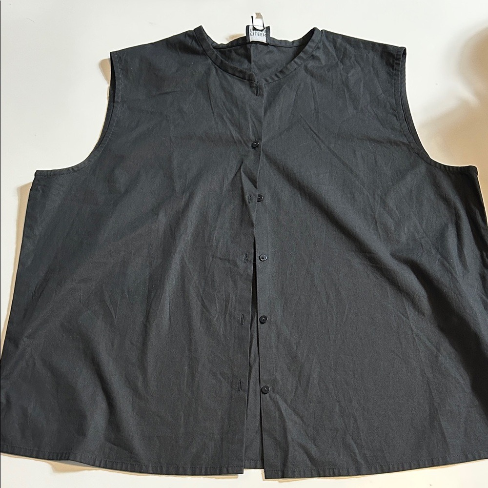 Eileen Fisher Minimalist Mandarin neck black cotton sleeveless shirt size L